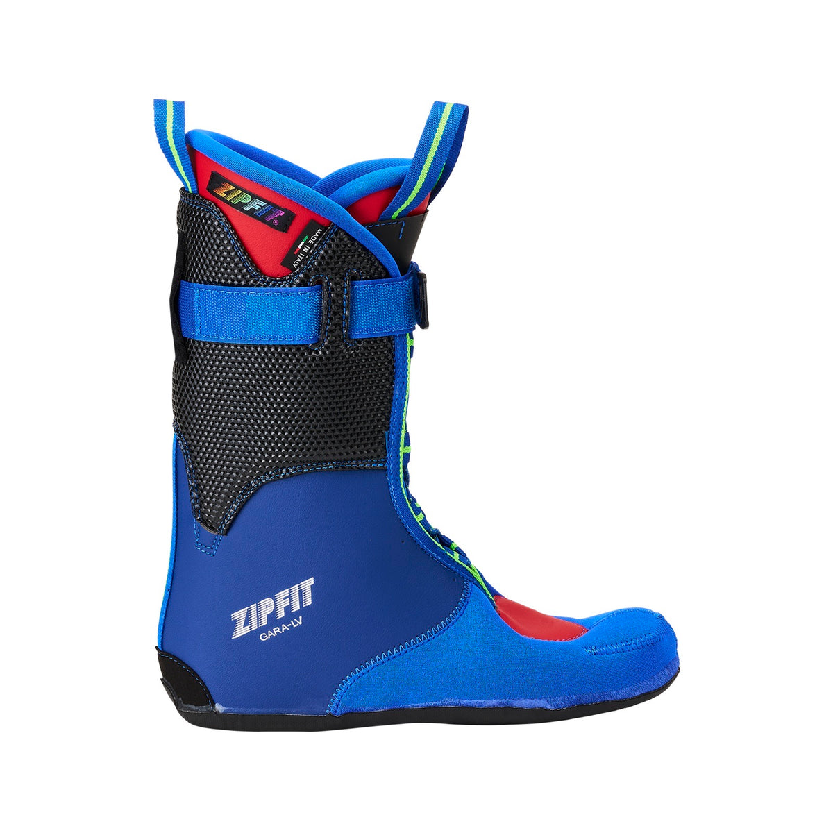 Ein Zipfit-Innenschuh von der Seite: blaue Schale aus Neopren, schwarzes Netzgewebe, Klettband und Schnürung am Schaft.