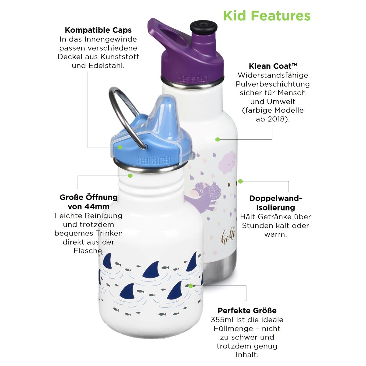 Klean Kanteen Trinkflasche Kid Classic Sippy Cap 355ml Edelstahl