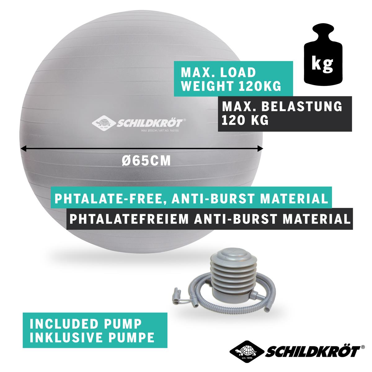 Schildkröt Gymnastikball 65 cm, phthalatfrei, mit Ballpumpe, silber