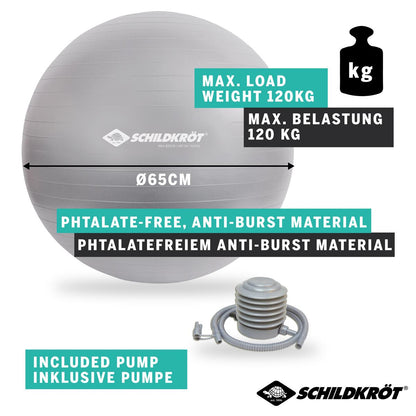 Schildkröt Gymnastikball 65 cm, phthalatfrei, mit Ballpumpe, silber