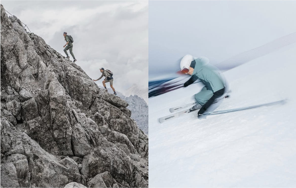 Wanderer auf einem Alpengrat und ein Skifahrer im Schwung