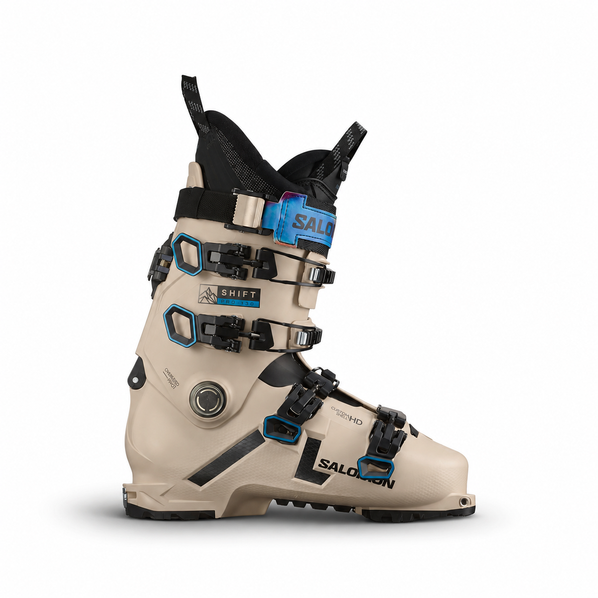 Salomon Shift Pro ski boot in sand and black, side view