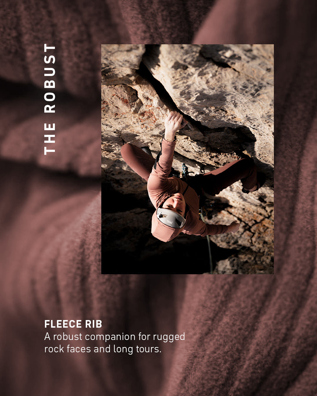 Kletterin in rostfarbenem FLEECE RIB im Fels