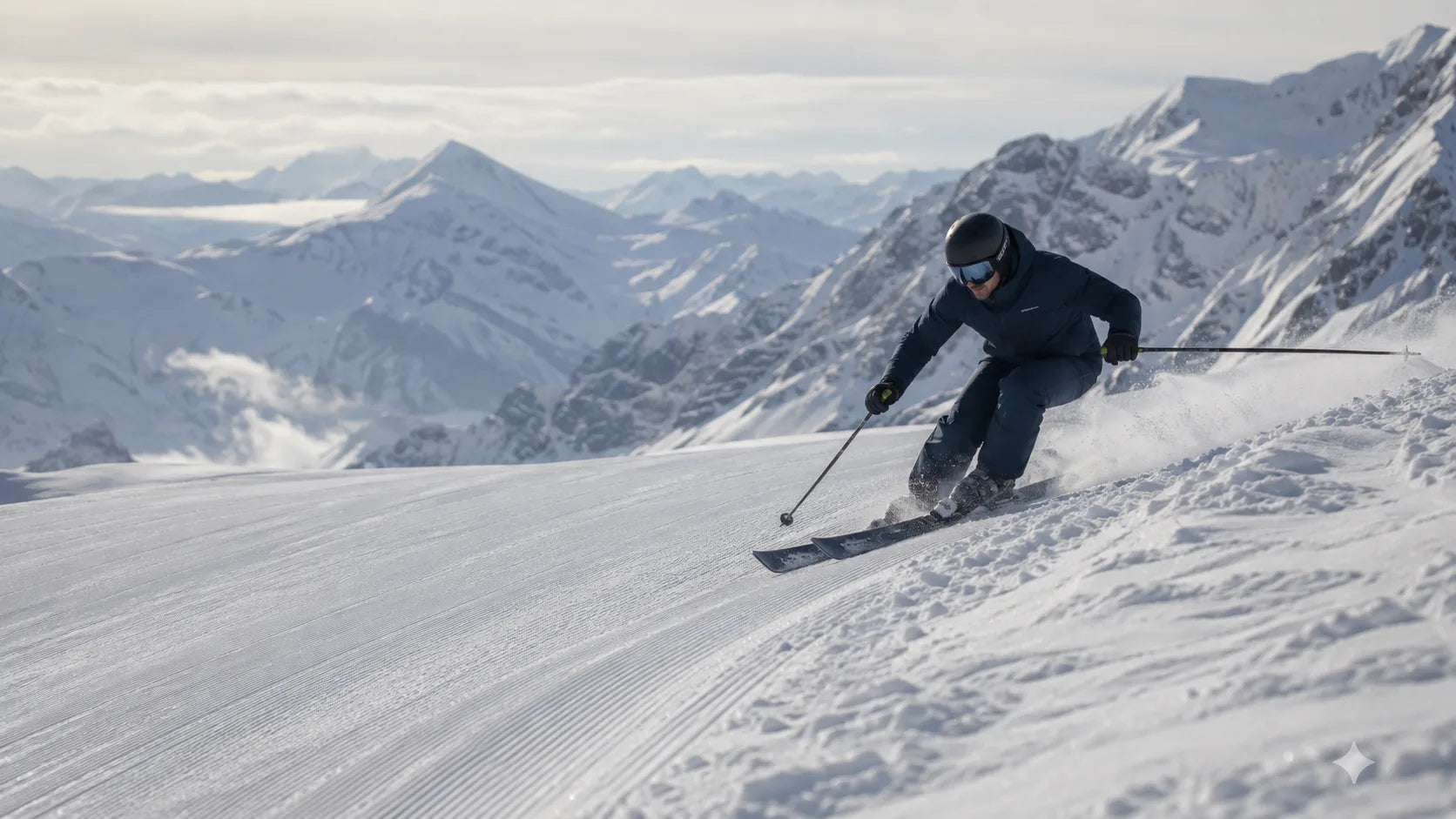 Skifahrer bei wechselnden Bedingungen im Gebirge